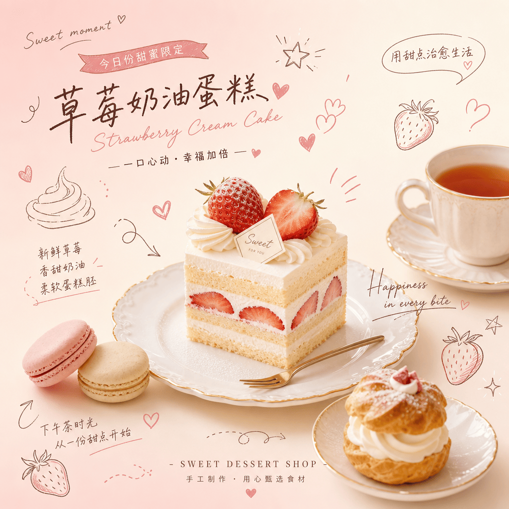 手绘涂鸦风甜品店宣传图
