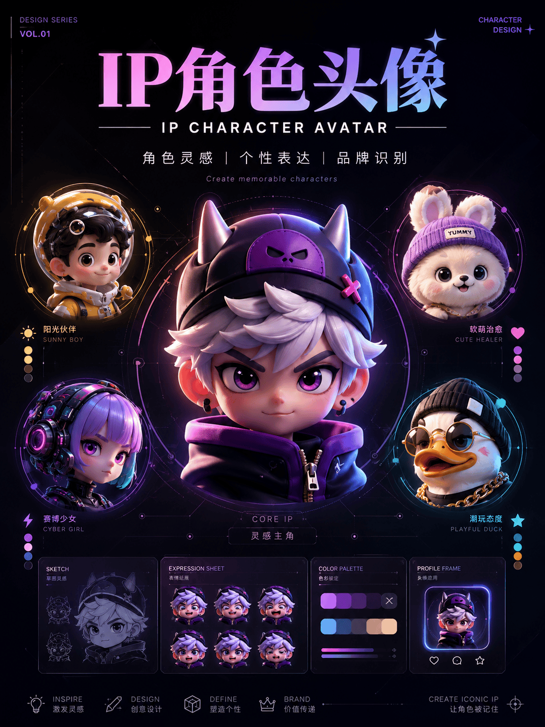 IP 角色头像 - 账号头像、角色设定、IP 插画、游戏角色和社媒身份视觉。
