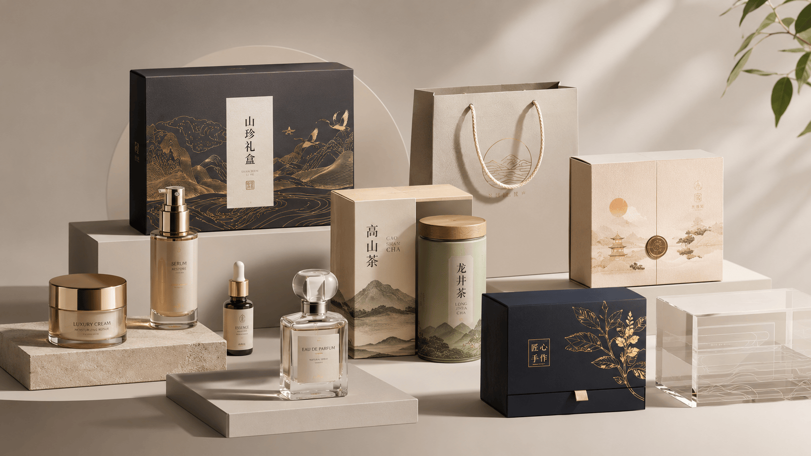 包装设计 - 适用于食品饮品、美妆护肤、茶叶礼盒、文创产品、节日礼盒等包装视觉设计,帮助用户快速生成高质感包装方案、礼盒外观、瓶罐设计与品牌包装灵感。