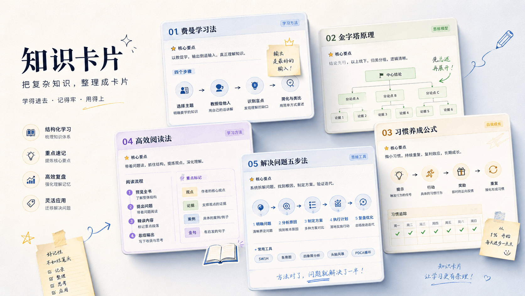 知识卡片 - 适用于干货总结、学习笔记、课程重点、商业方法论、读书笔记、科普内容等信息可视化卡片设计,帮助用户生成清晰、美观、有传播感的知识内容图。