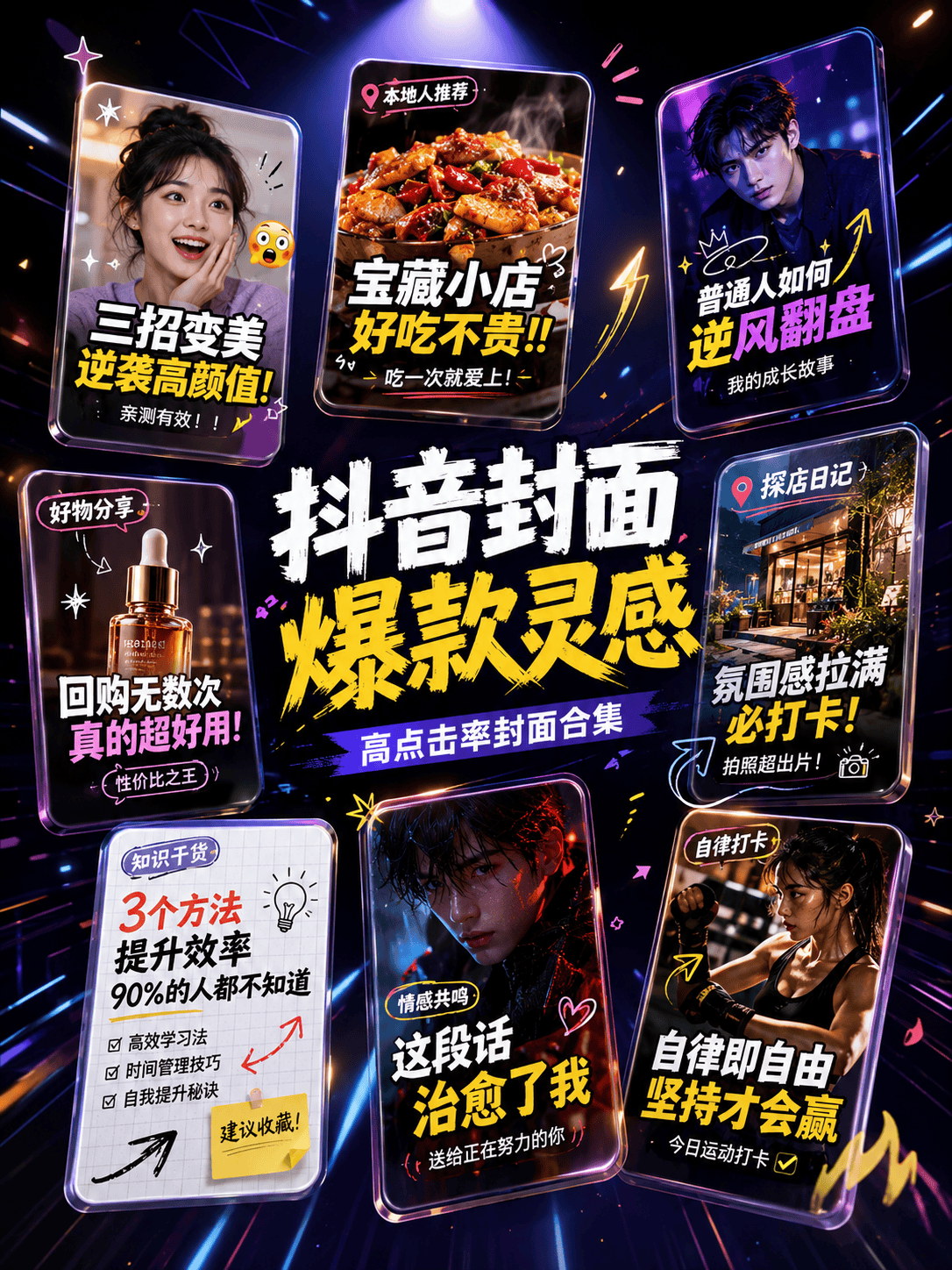 抖音封面 - 适用于短视频封面、带货视频封面、知识分享封面、探店封面、情绪化标题封面和爆款内容封面设计,帮助用户生成更吸睛、更有点击欲望的抖音视觉封面。
