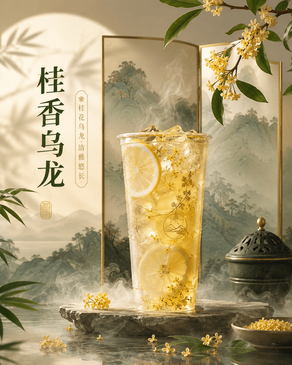 国潮桂花乌龙茶饮海报