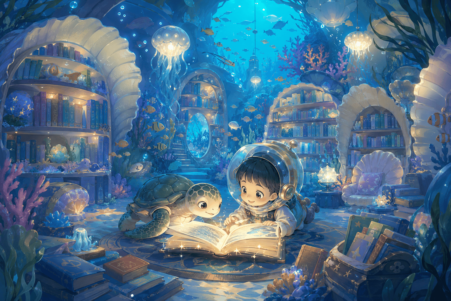 海底图书馆故事插画