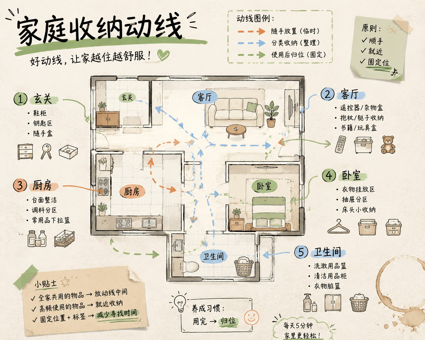 家庭收纳动线涂鸦知识卡 - 知识卡片