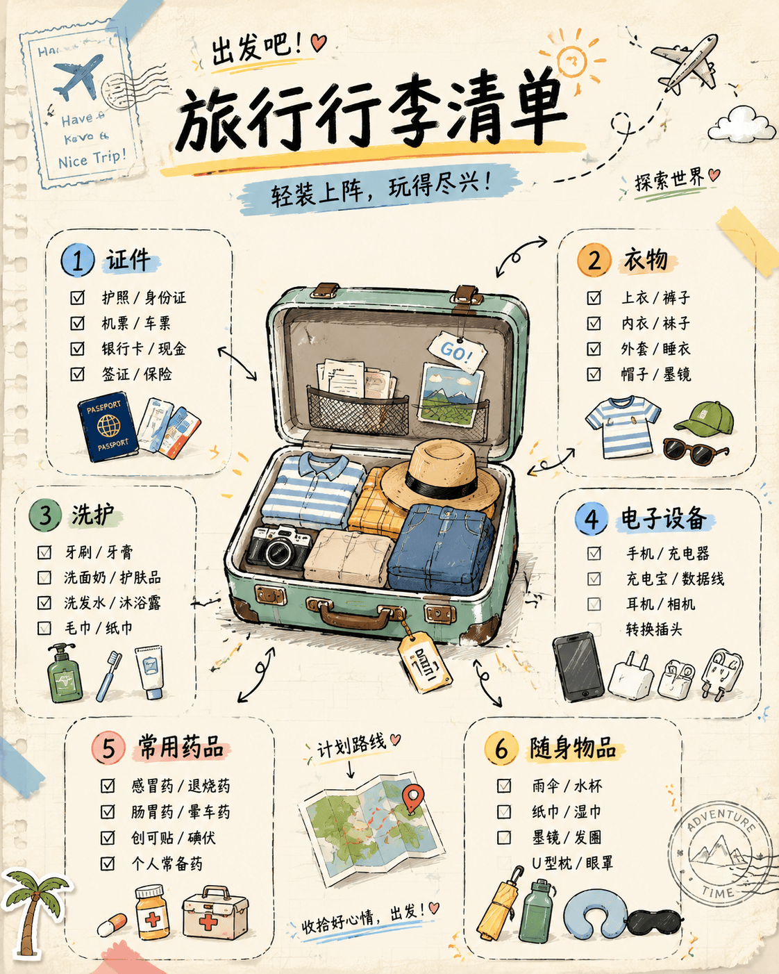 旅行行李清单涂鸦知识卡
