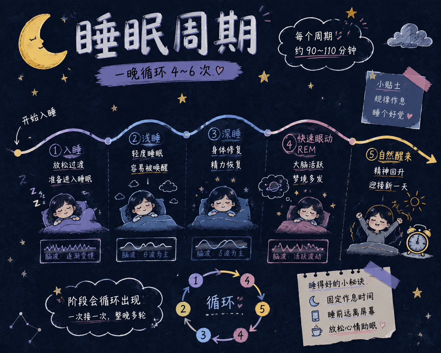睡眠周期涂鸦科普卡 - 知识卡片